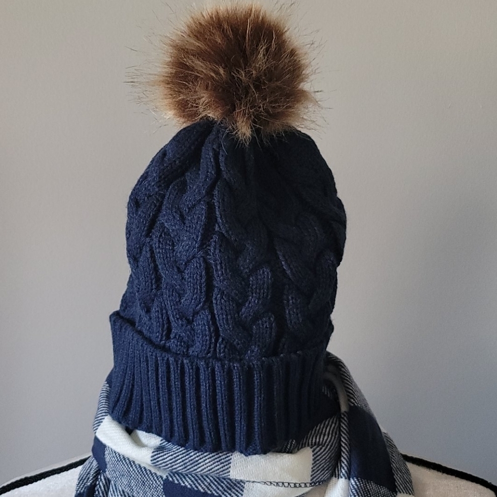 Blue buffalo check scarf & navy pom pom hat - Picture 2 of 4